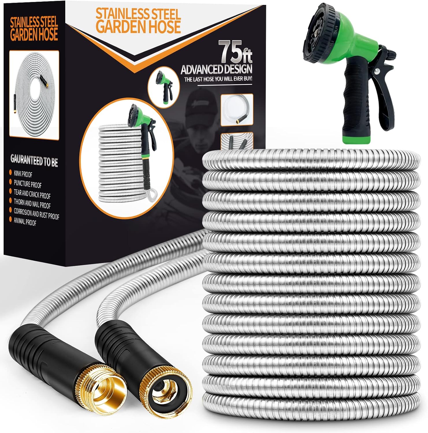 Garden Hose 75ft, Stainless Steel Heavy Duty Water Hose with 10 Function Nozzle...