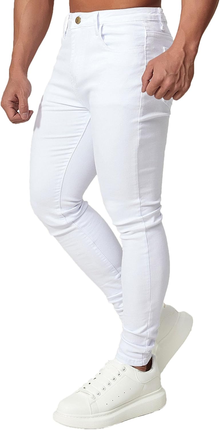 HUNGSON Men's Blue Slim Fit Jeans Stretch Destroyed Ripped Skinny Jeans Side Str...
