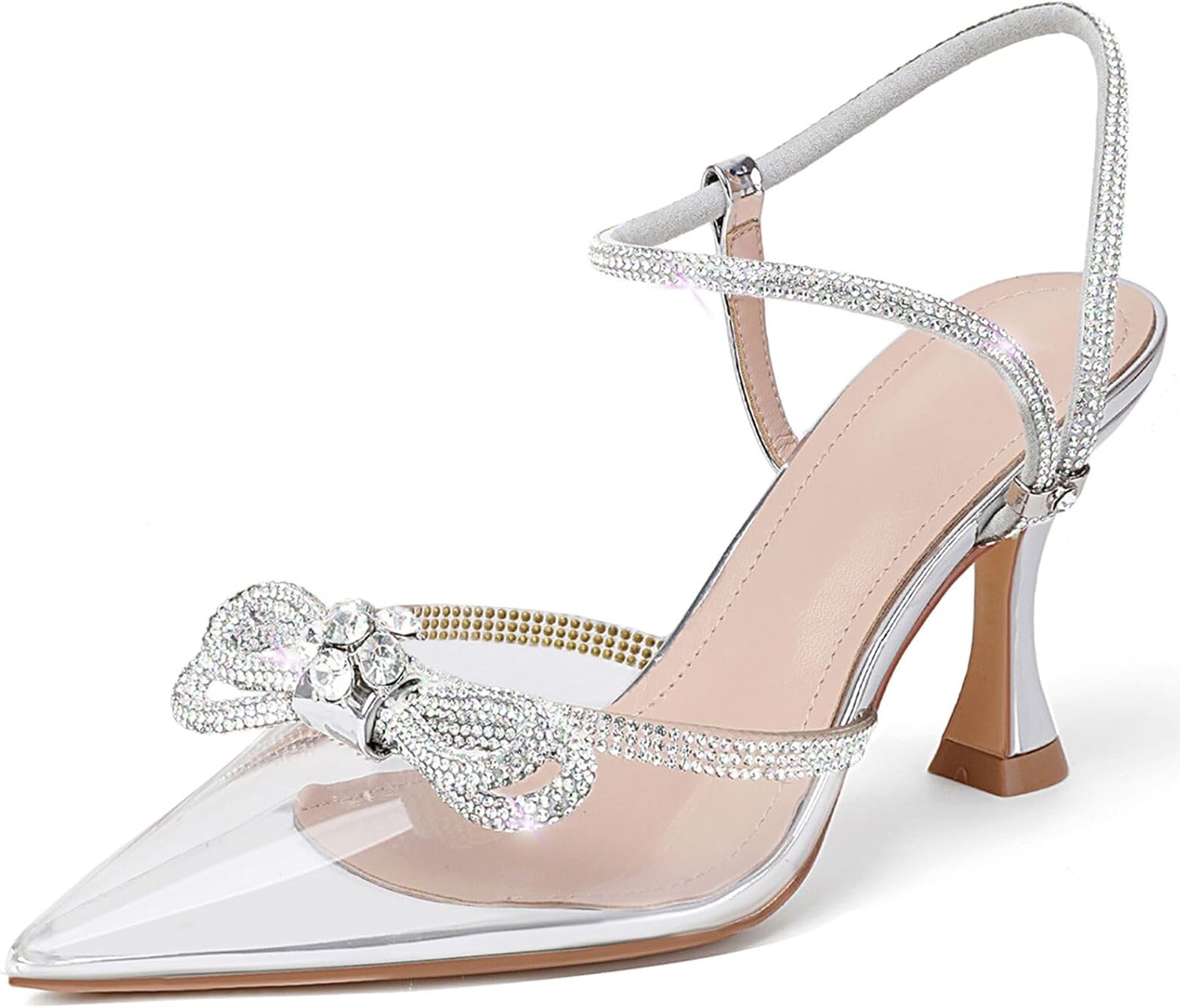 Women's Closed Toe Rhinstone Wedding Low Heel Slingback Clear Kitten Heels,Adjus...