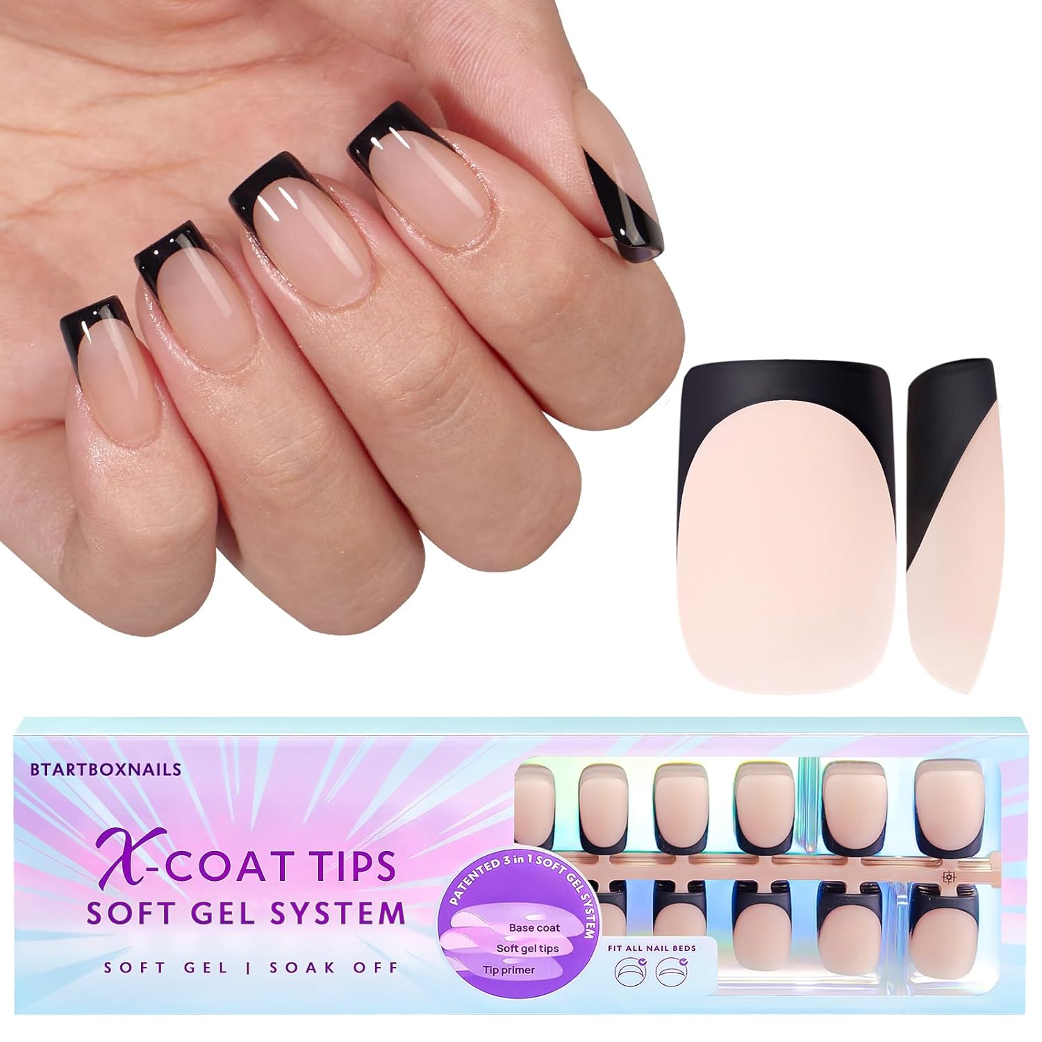 BTArtboxnails Black French Press On Nails - XCOATTIPS French Series Short Square...