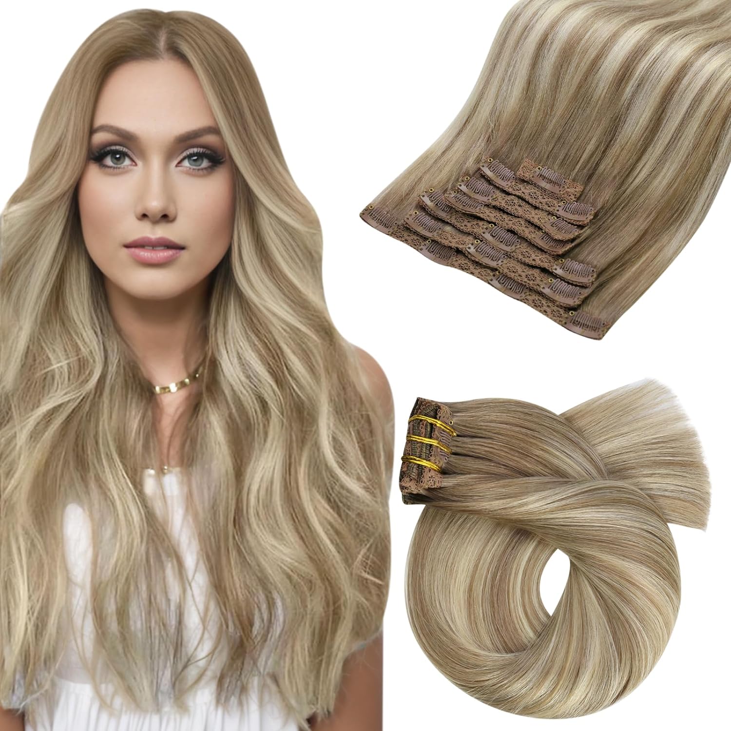 Moresoo Hair Extension Clip ins Human Hair Balayage Light Brown with Golden Blon...