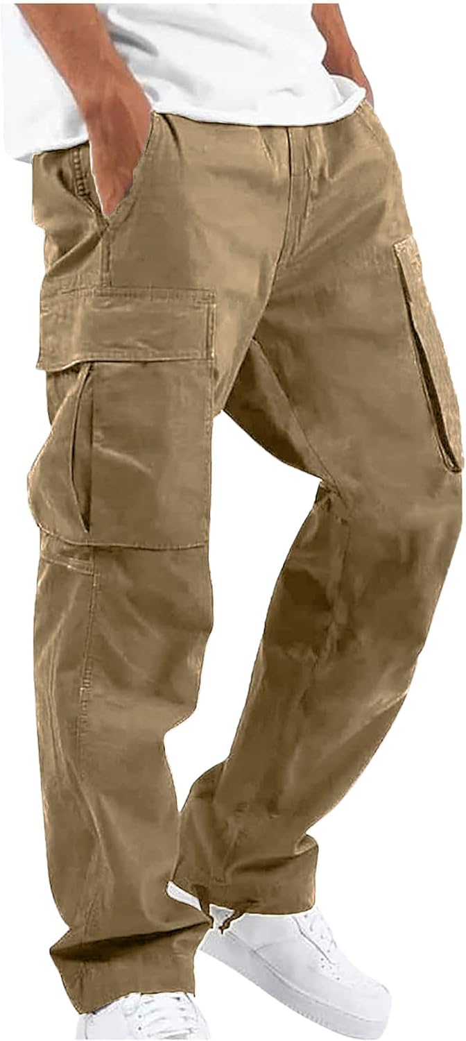YAOHUOLE Men's Cargo Pants Casual Cotton Stretchy Drawstring Waist Trousers M Kh...