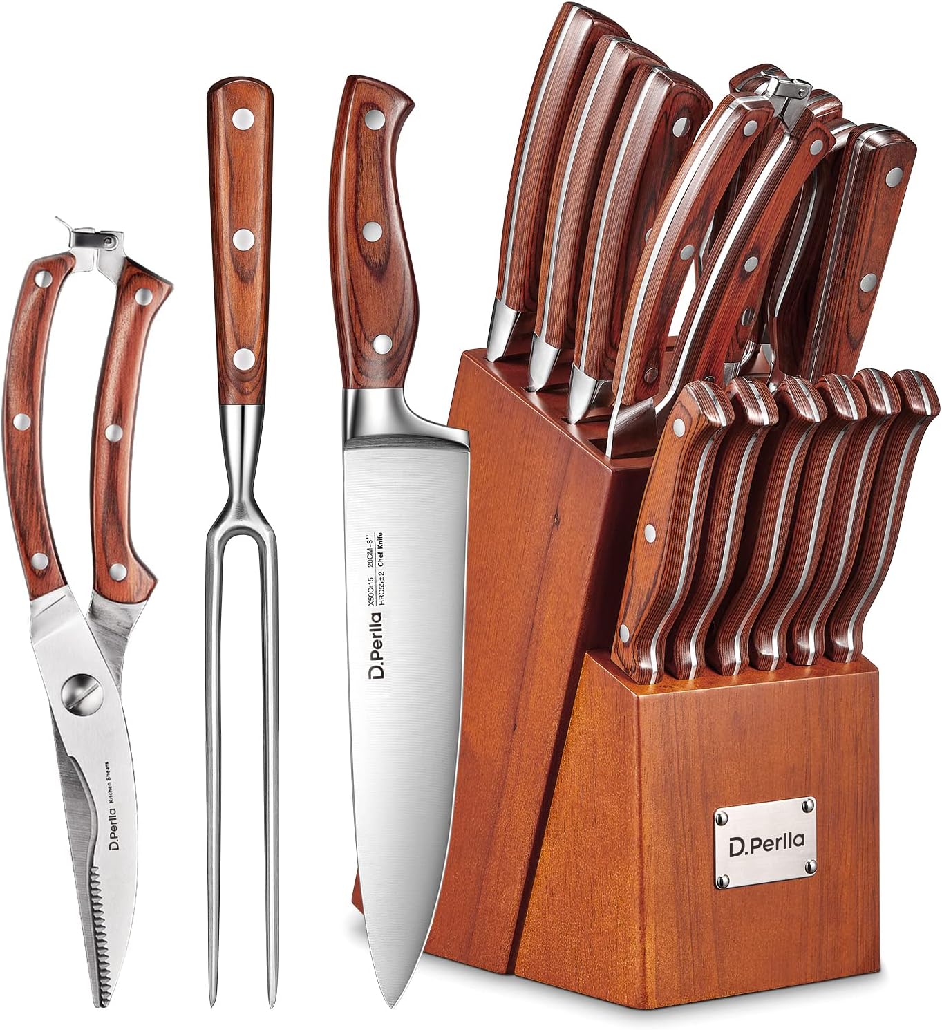 D.Perlla Knife Set, 16 Piece Knife Block Set with High Carbon German Steel, Kitc...