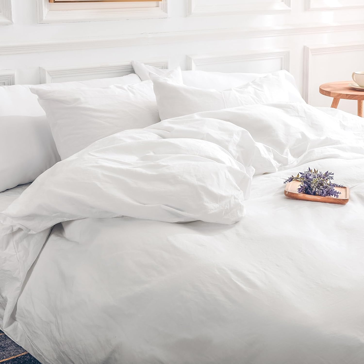 NEXHOME PRO Cotton Duvet Cover Queen Size White, Organic Natural Linen Feel 100%...