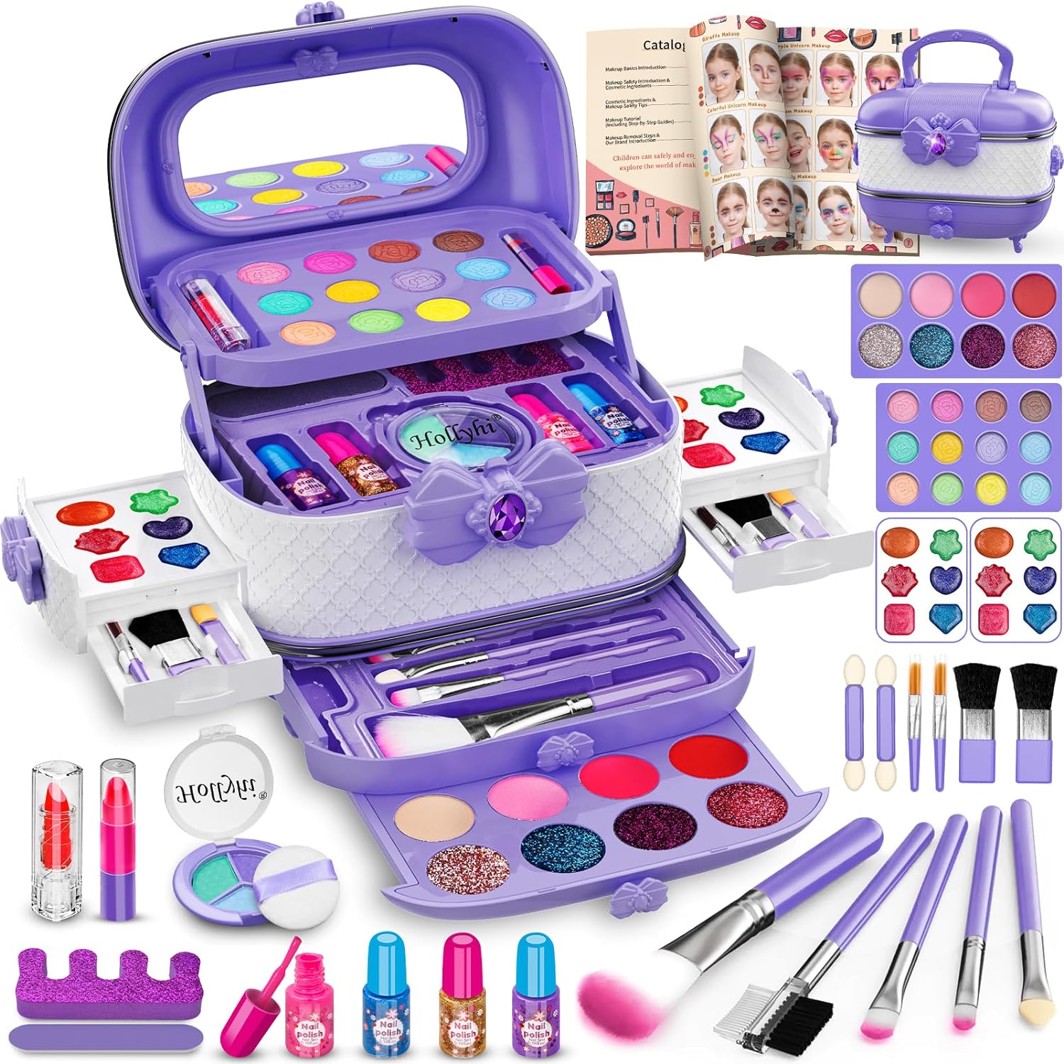 Hollyhi 58 Pcs Kids Makeup Kit for Girl, Princess Toys Real Washable Cosmetic Se...