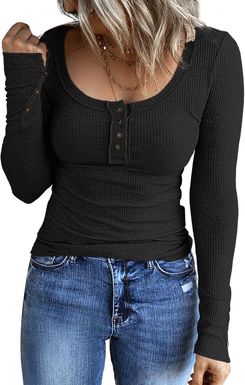 Kissfix Women's Long Sleeve Shirts Casual Fall Henley Top Button Down Blouses Ba...