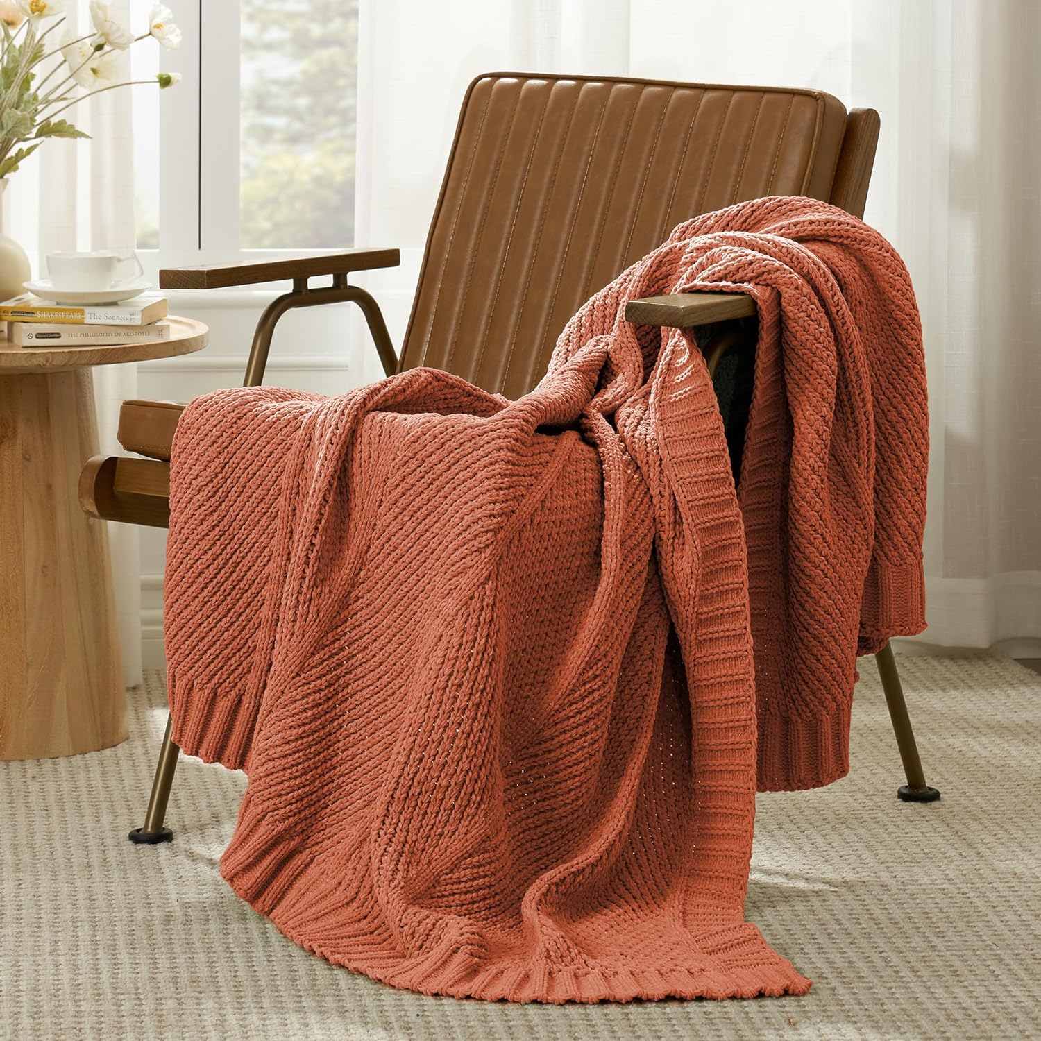 Amélie Home Cable Knit Fall Throw Blanket for Couch, Burnt Orange Chenille Knitt...