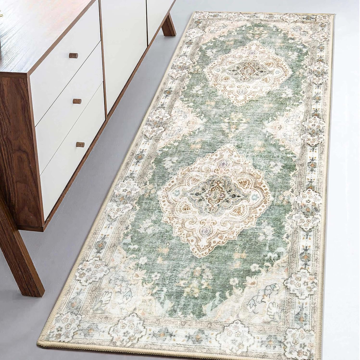 MUJOO Hallway Runner Rug Machine Washable Runner Rug Non Slip Boho Green Runner...