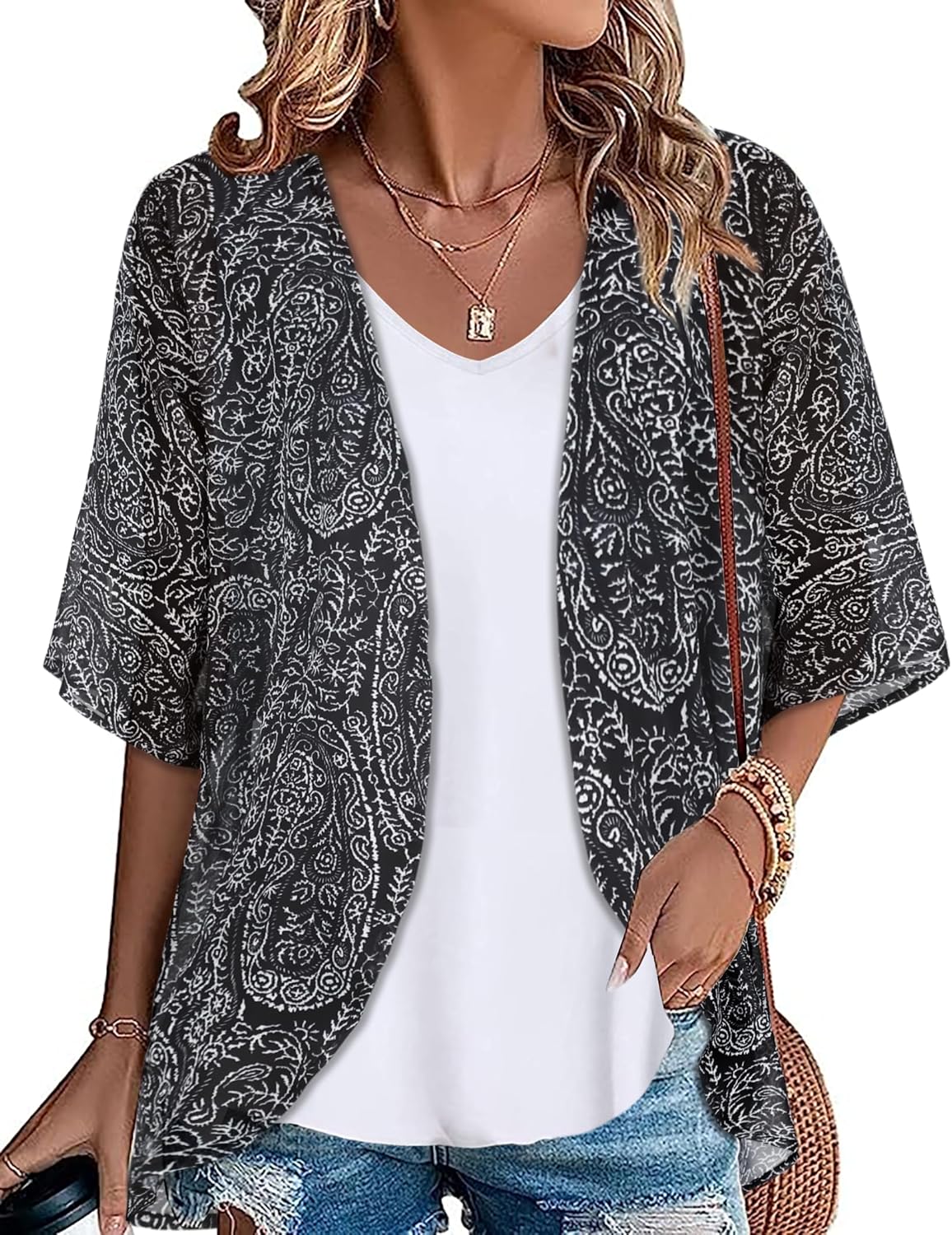 Womens Kimono Beach Cover Up Chiffon Cardigan Floral Tops Loose Capes Large Boho...