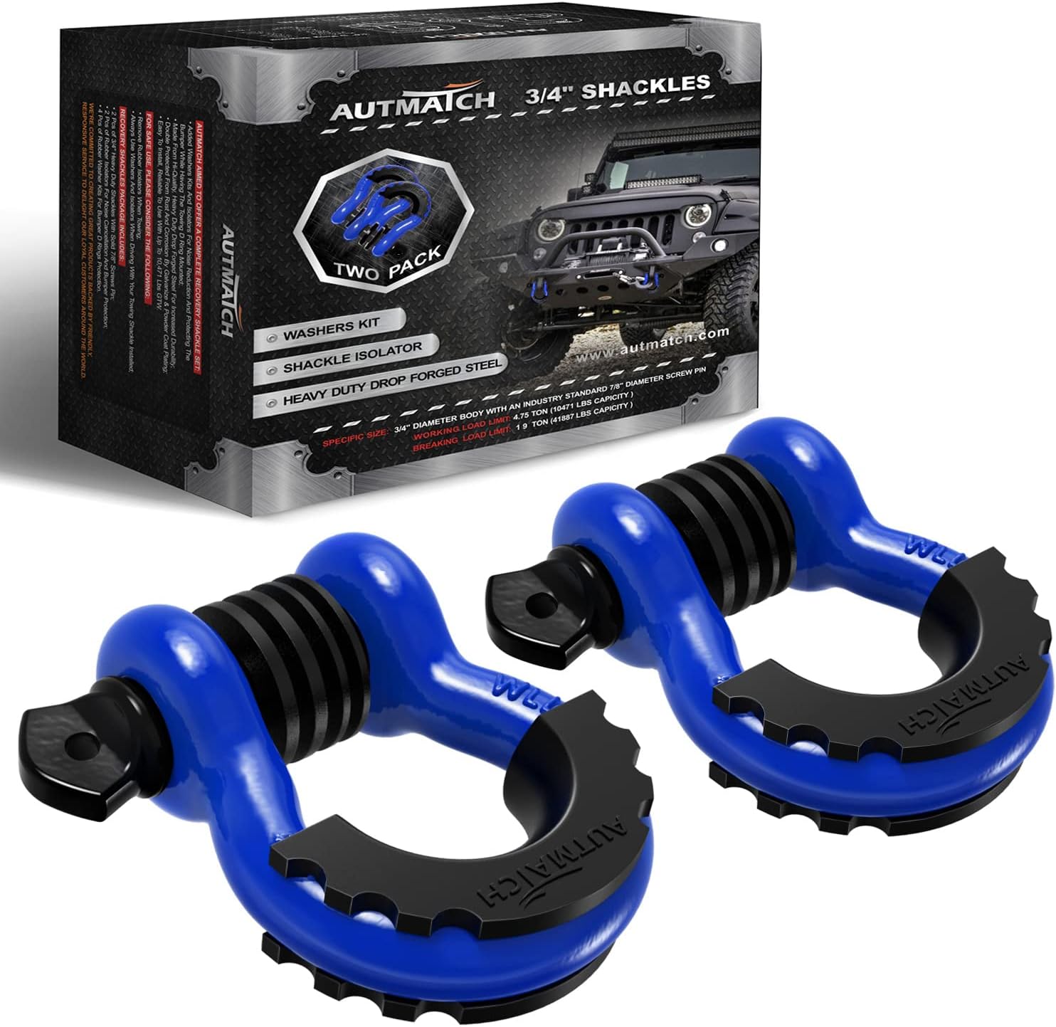 AUTMATCH D Ring Shackle 3/4" Shackles (2 Pack) 41,887Ibs Break Strength with 7/8...