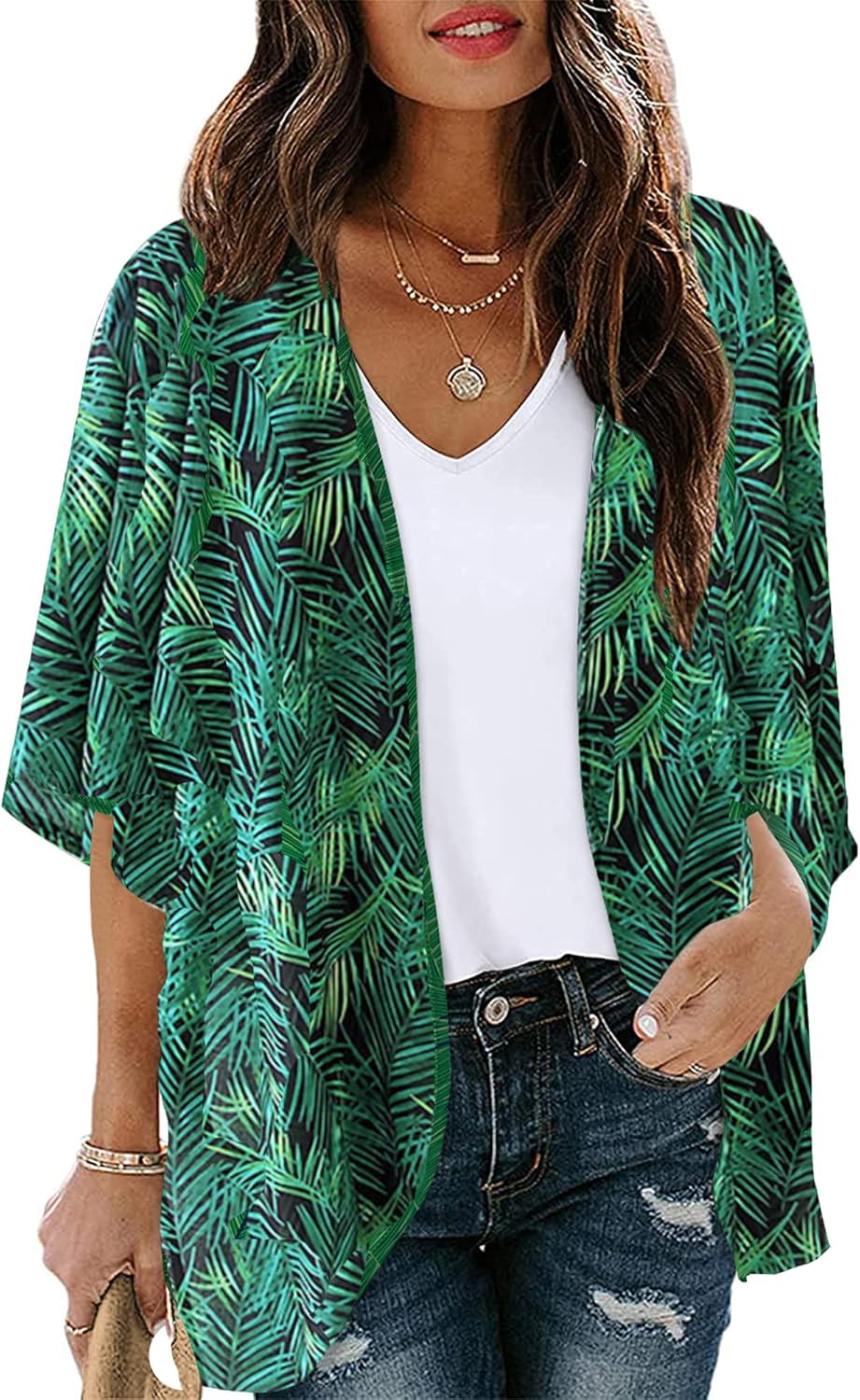 Chunoy Women Floral Chiffon Kimono Cardigan Loose Cover Up Casual Blouse Top Gre...
