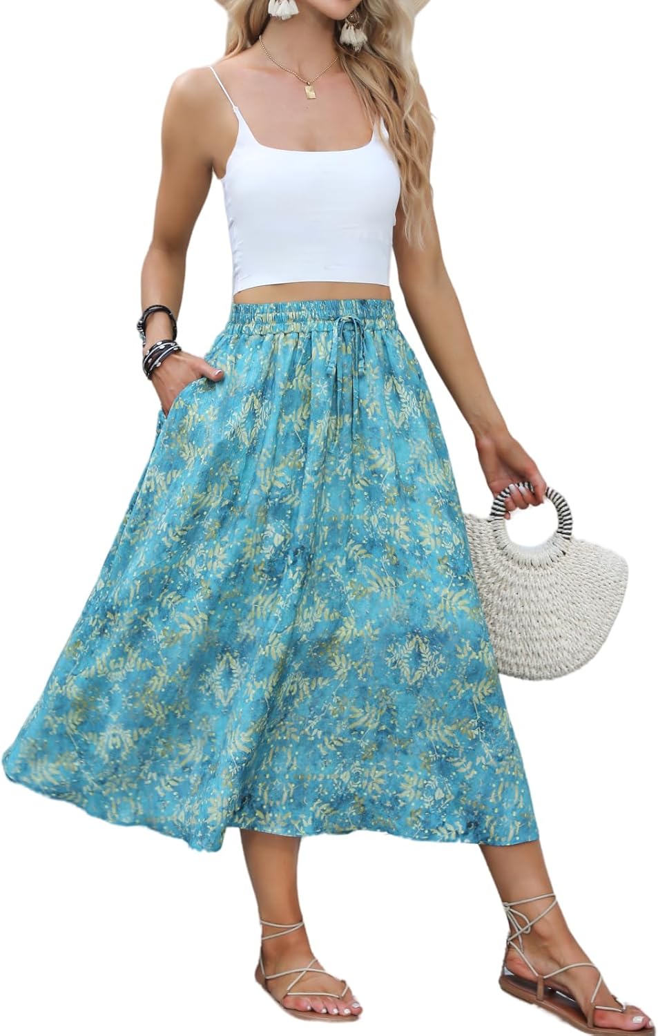 Maxi Skirts for Women with Pockets Long Midi Length Flowy Skirt for Summer Blue...