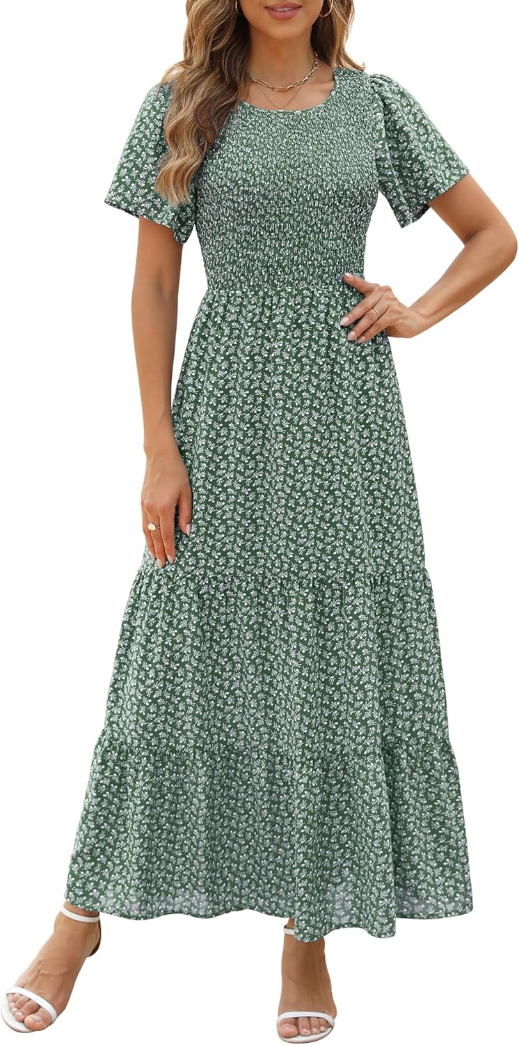 Kranda Women Summer Dress Round Neck Flutter Short Sleeve Smocked Ruffle Tiered...