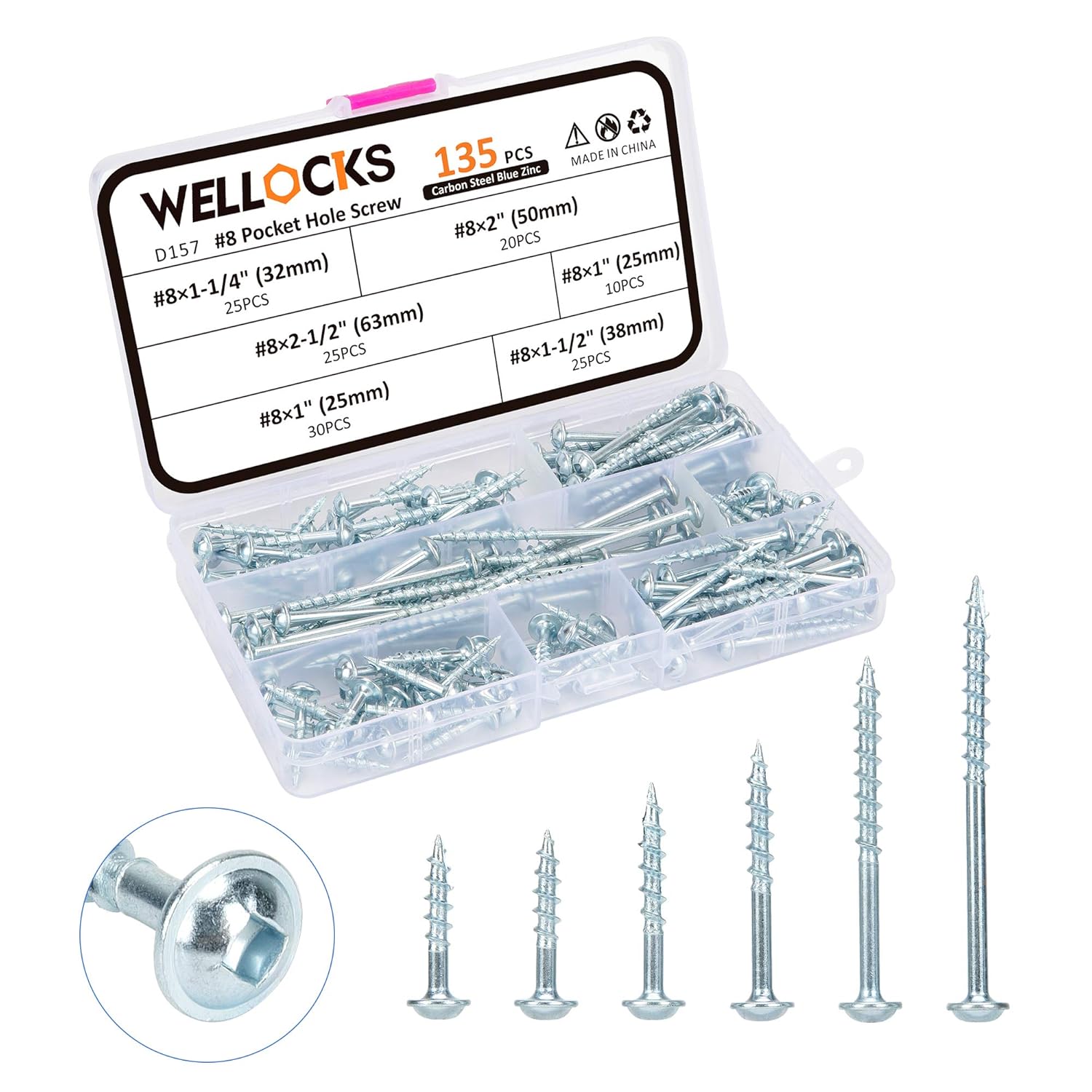 WELLOCKS Pocket Hole Screws 135 Pcs #8×2.54cm to 6.35cm Wood Screws Assortment K...