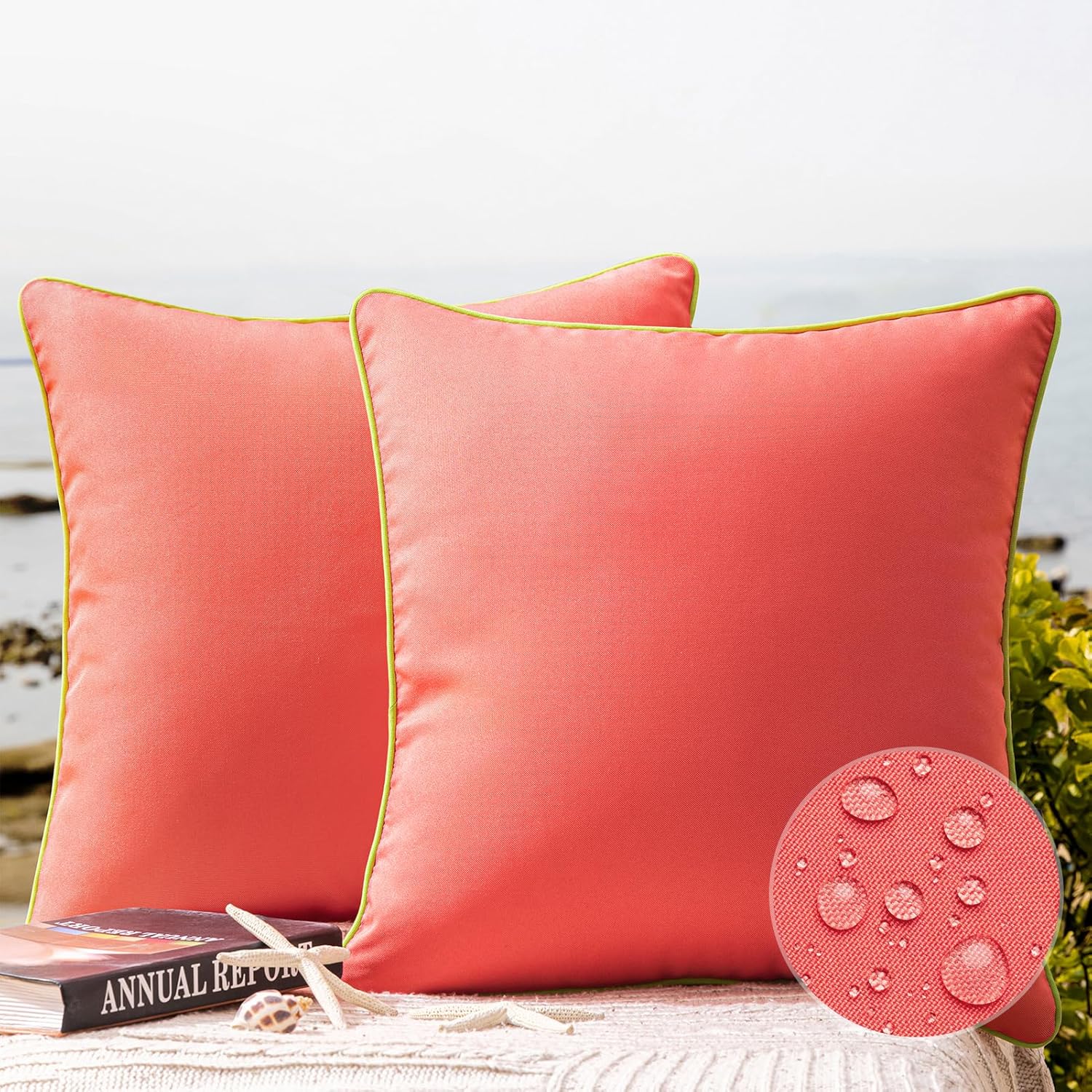 Phantoscope Pack of 2 Outdoor Waterproof Throw Pillow Covers with Contrast Pipin...