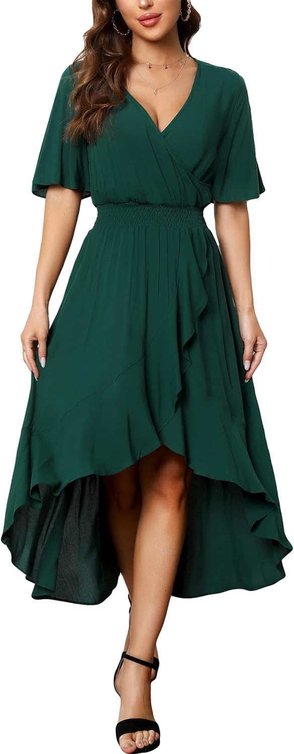 Kormei Womens Short Sleeve Floral High Low V-Neck Flowy Party Long Maxi Dress X-...