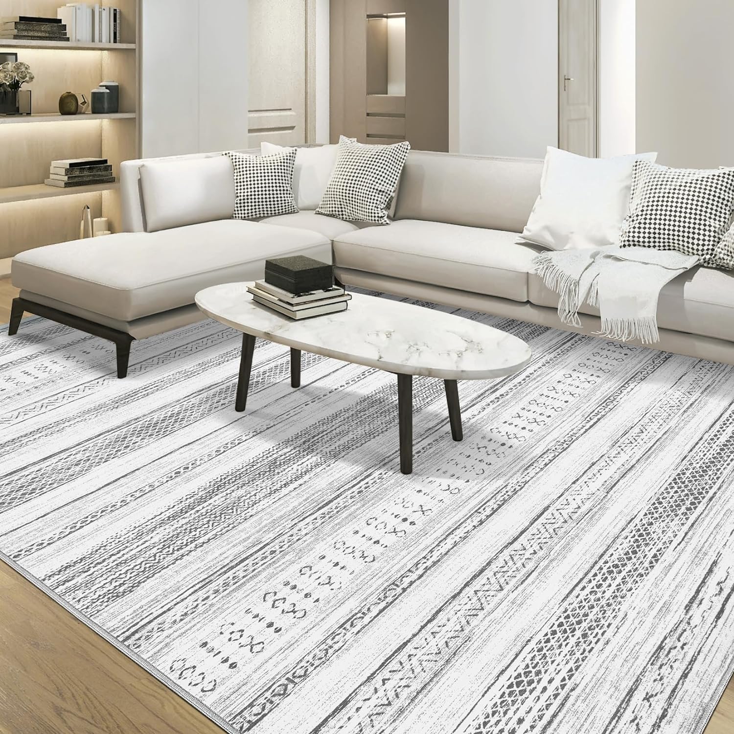 Area Rug Living Room Rugs - 5x8 Washable Large Soft Neutral Boho Moroccan Bohemi...