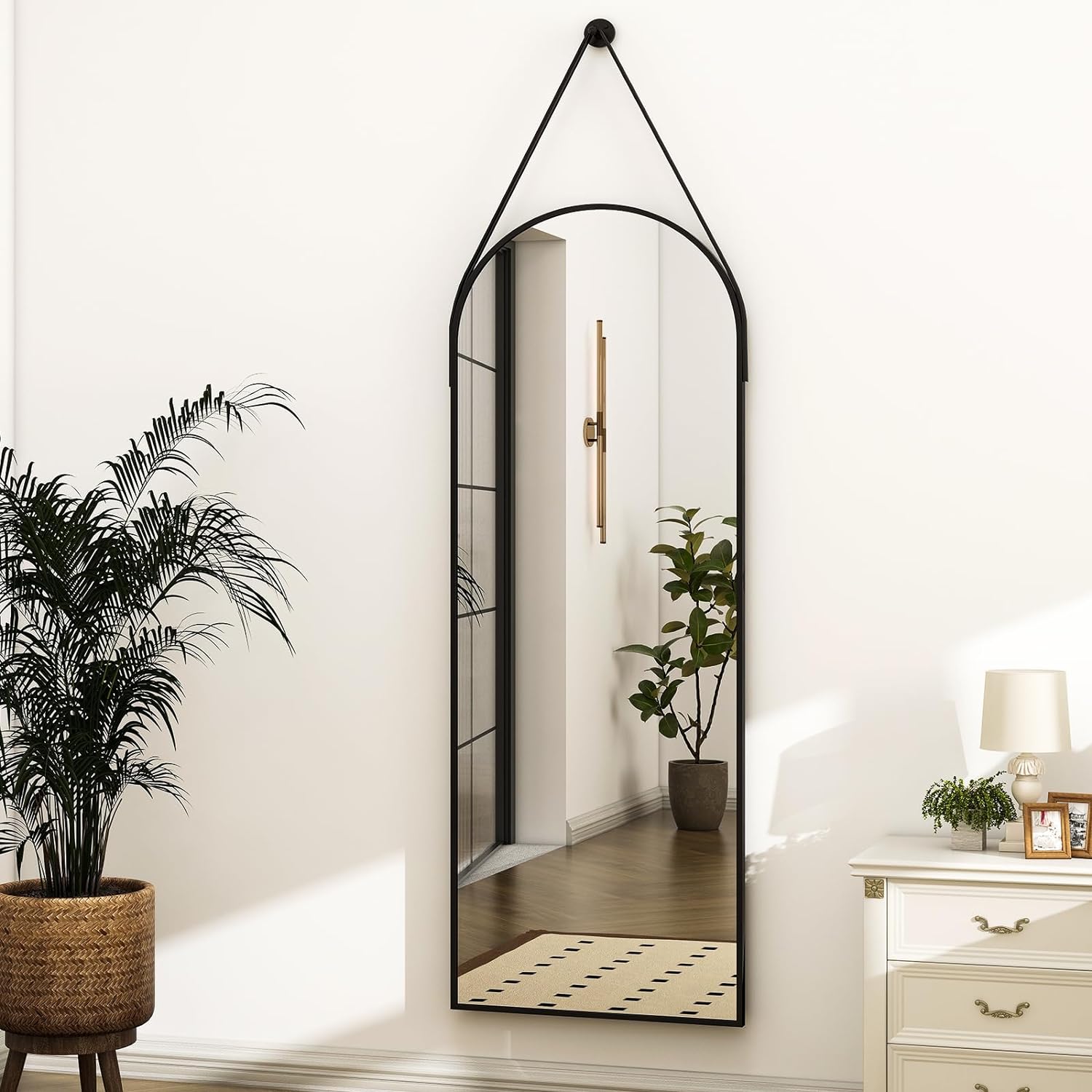 16"x48"Arched Mirror with Hanging Leather Strap Full Length Mirror Aluminum Fram...
