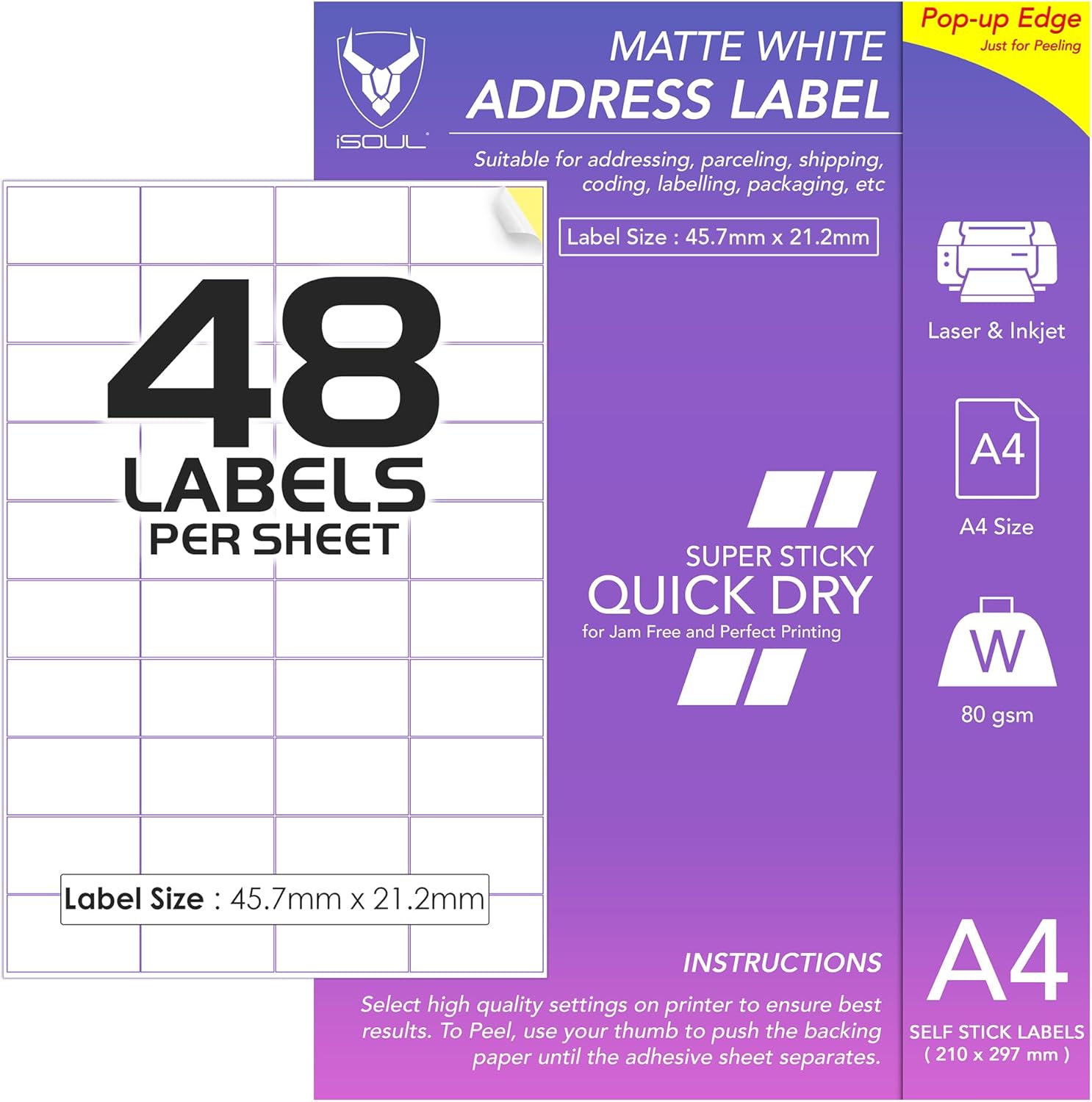 48 Labels Per A4 Sheet, 50 Sheets 2400 Sticky Label, Printable Sticker Paper, iS...