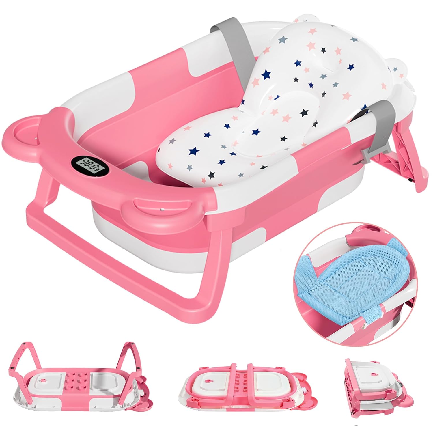 Collapsible Baby Bathtub for Newborn with Thermometer & 1 Soft Floating Cushion,...