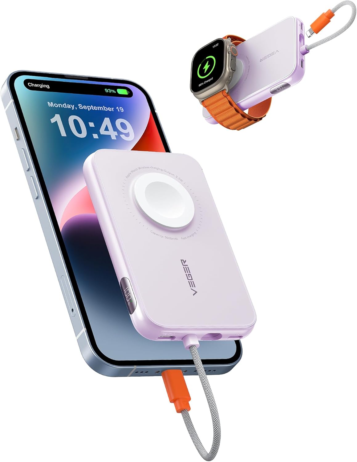 VEGER Power Bank Fast Charger 20W,Built-in iPhone Cable Powerbank,5000mAh Portab...