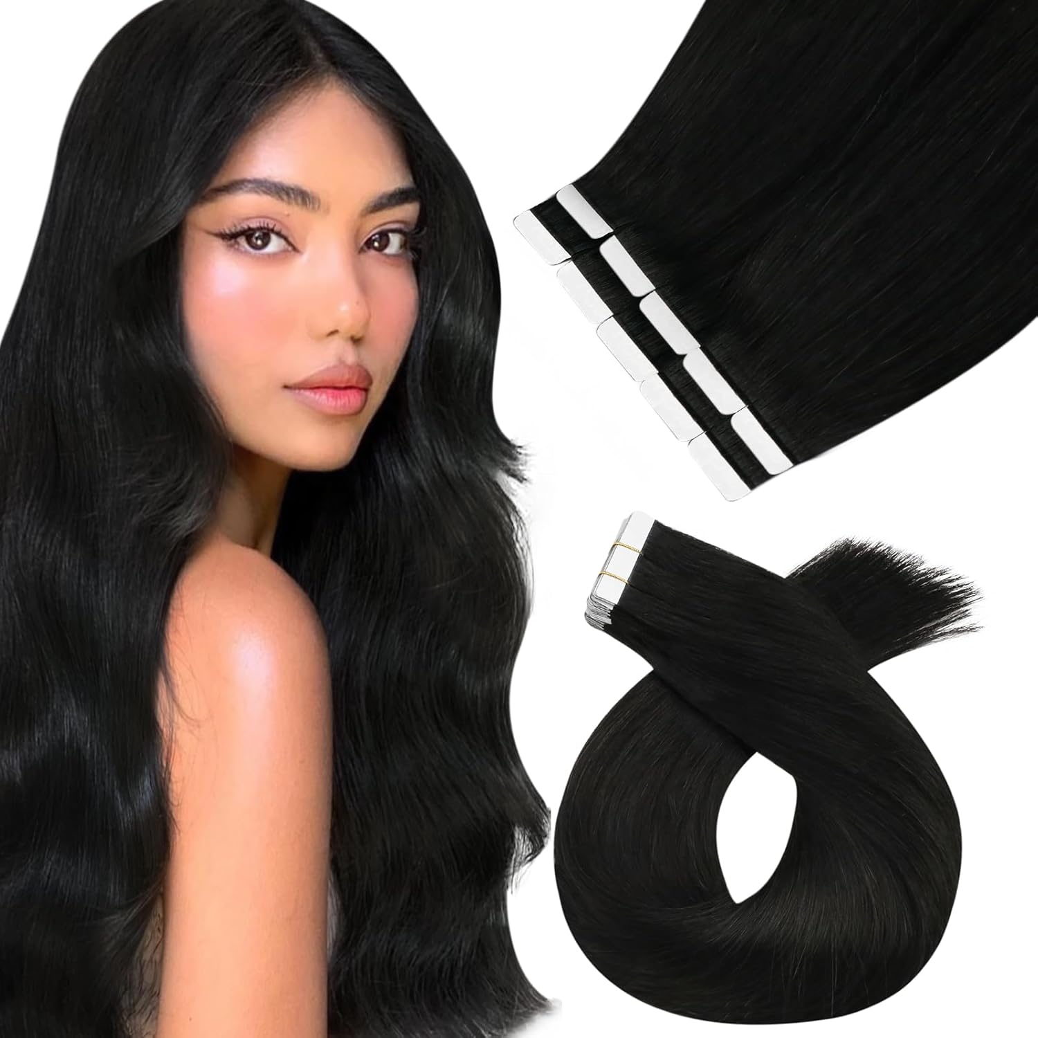 Moresoo Tape in Hair Extensions Human Hair,20 Inch 10 Pcs 25 Grams,#1B Natural B...