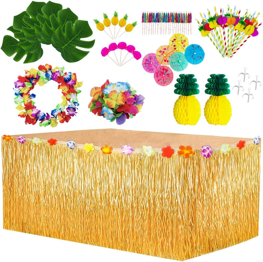 BangShou Hawaiian Tropical Party Decoration Set, Hawaii Table Skirt with Flowers...