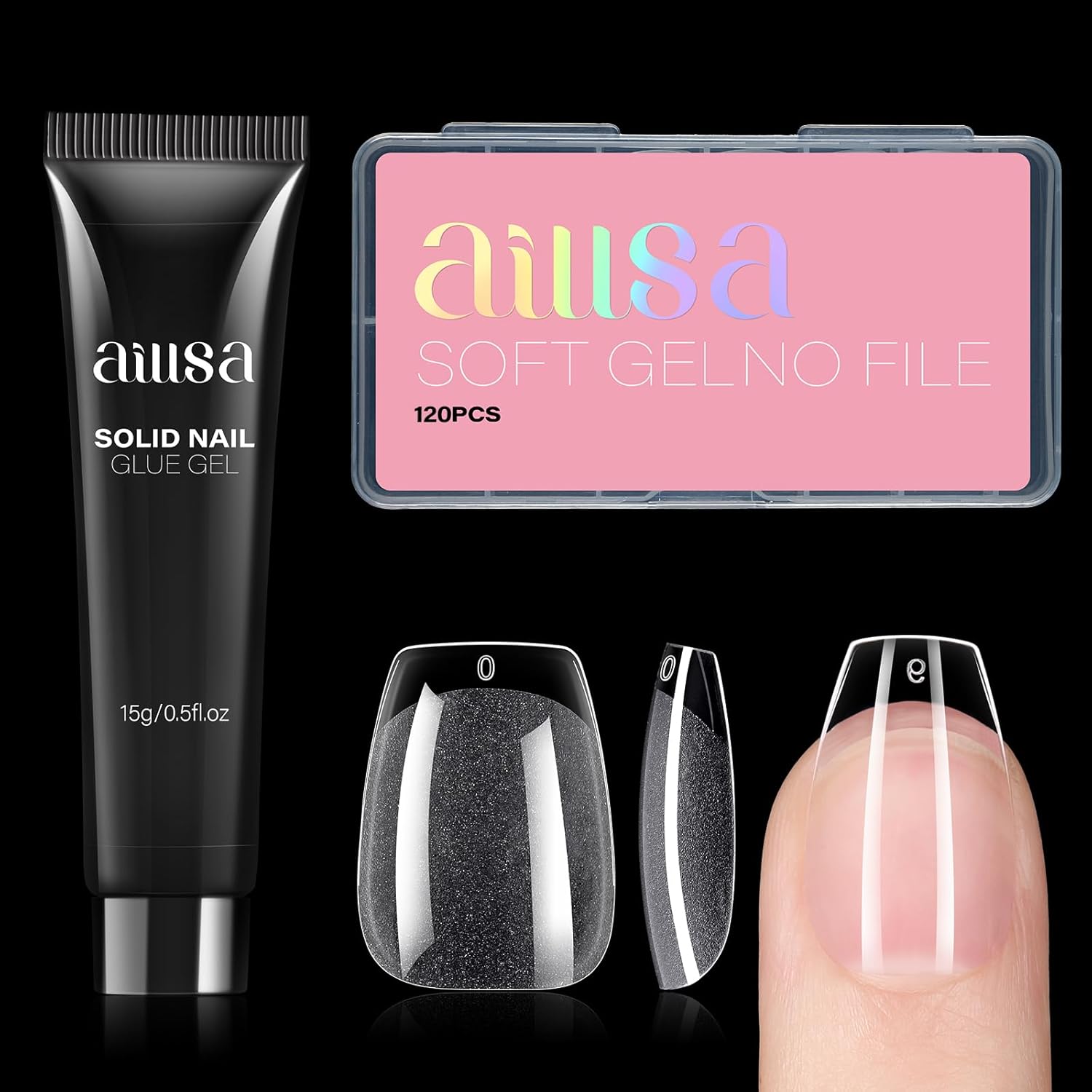 AILLSA Short coffin Nail Tips with Solid Nail Glue Curing Needed Soft Gel Nail T...
