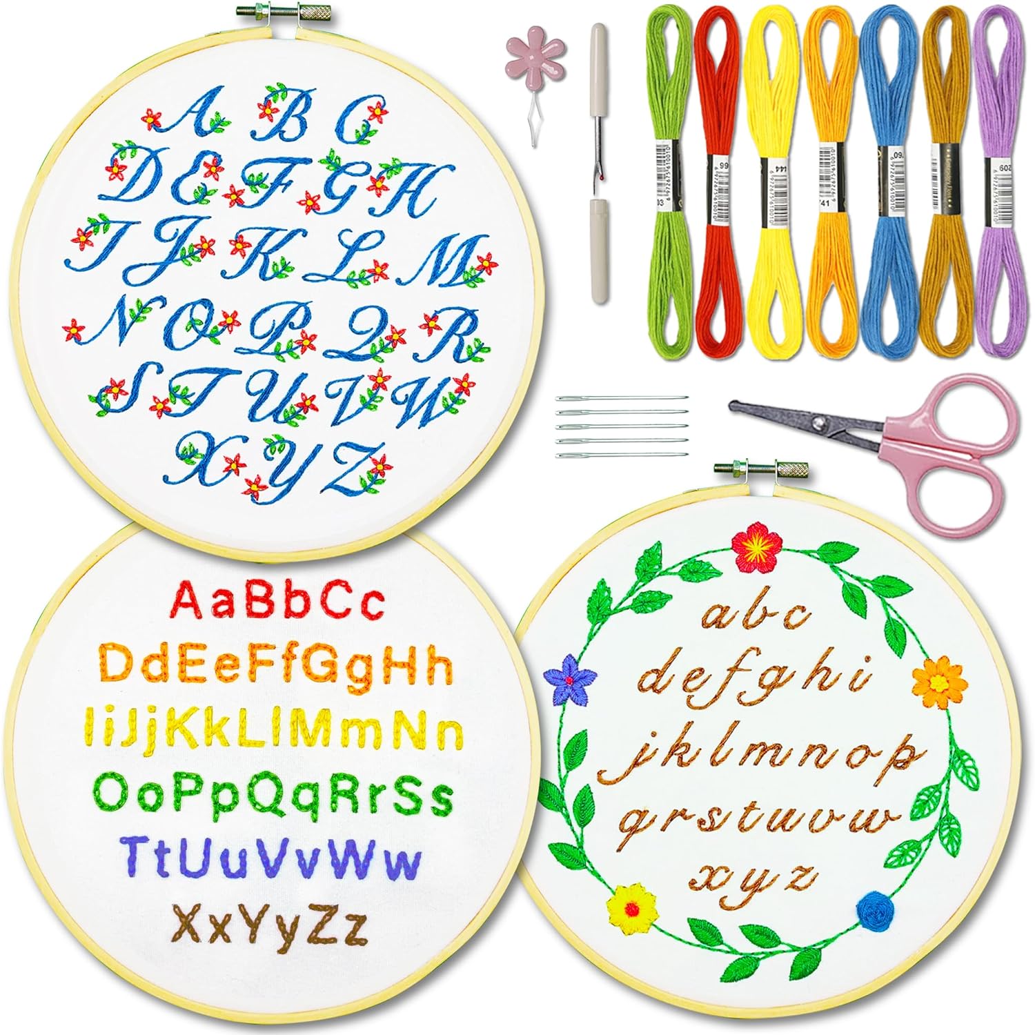 Bradove 3 Sets Alphabet Embroidery Kits for Adults Kids Beginners with Video Tut...
