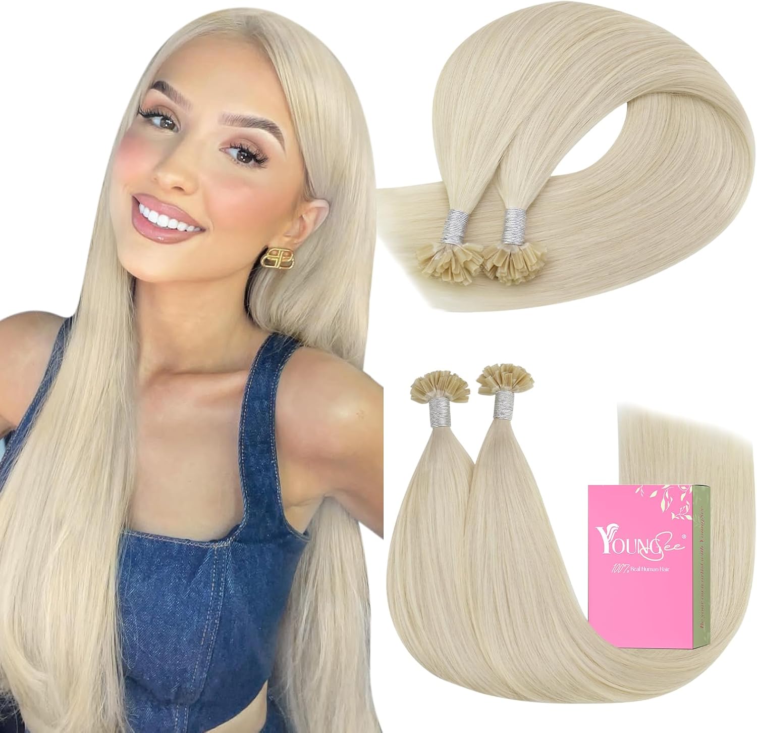 YoungSee Utip Hair Extensions Platinum Blonde U Tip Hair Extensions Real Human H...