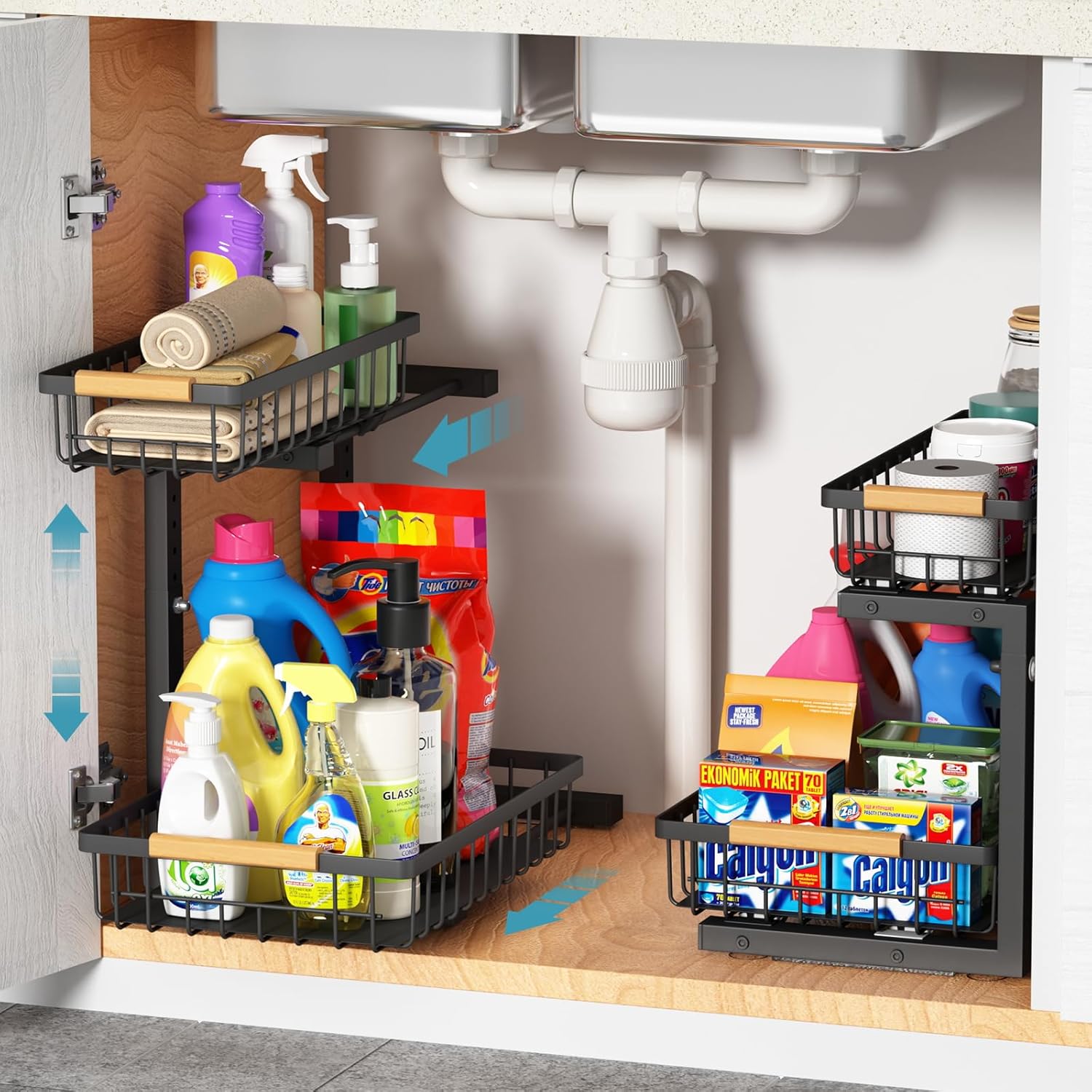 Under Sink Organizer 2 Pack, Height Adjustable Under Sink Organizers and Storage...