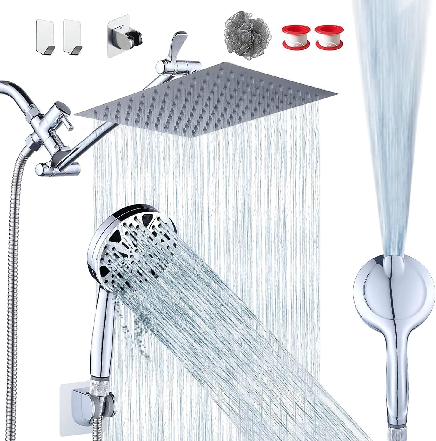 8''Rainfall Shower Head with Handheld Combo High Pressure 8+2 MODE built-in powe...