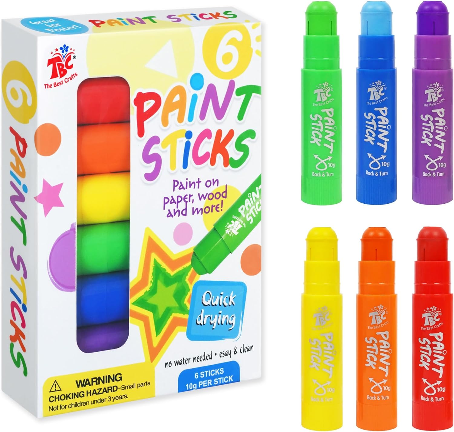 TBC The Best Crafts Paint Sticks, 6 Classic Colors, Washable, Non- Toxic, Temper...