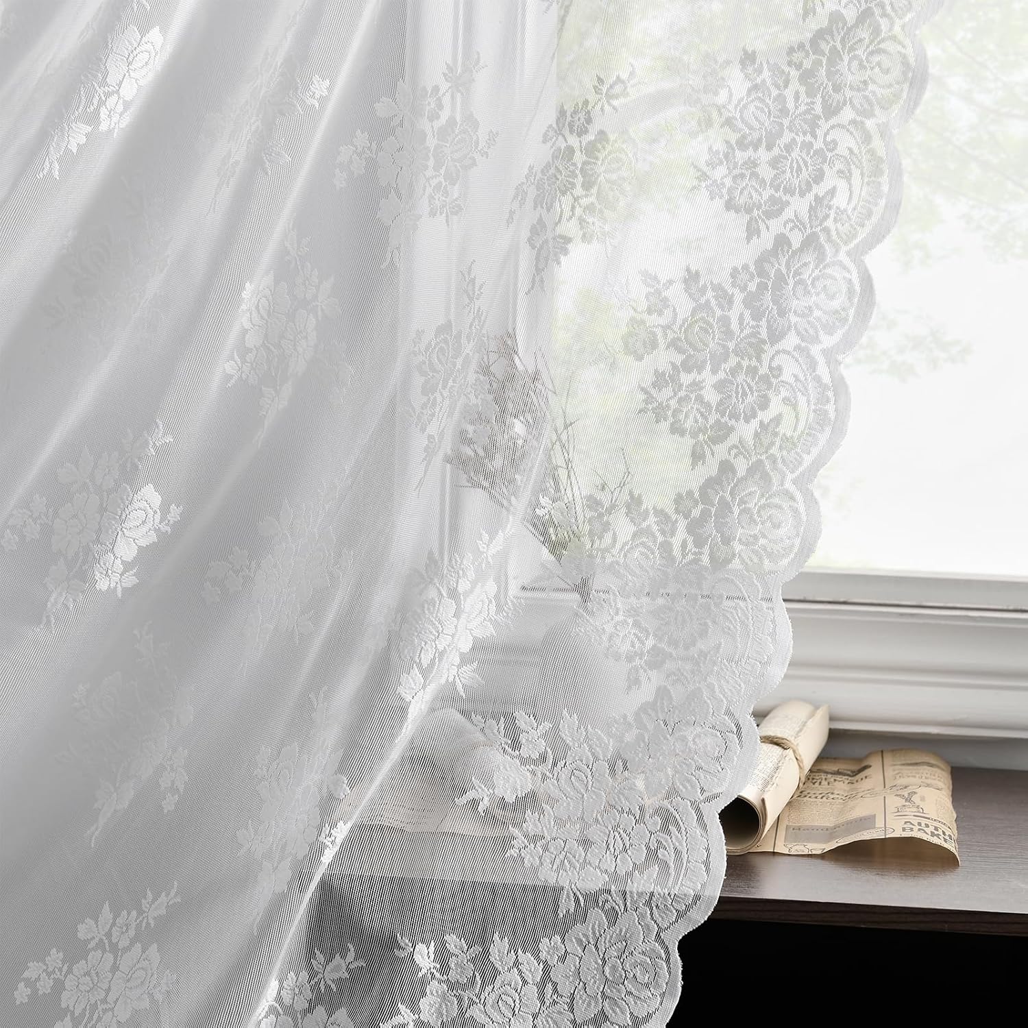 Kotile White Lace Curtains 63 Inch Length 2 Panels, Country Rustic Floral Design...