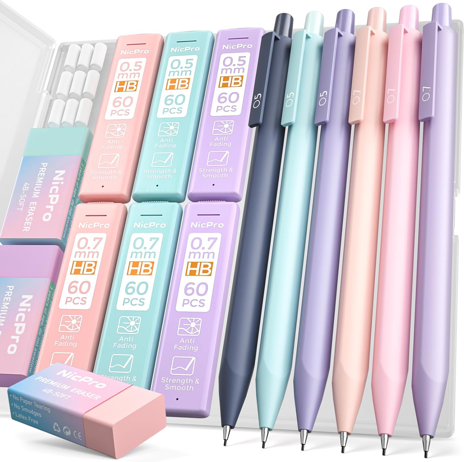 Nicpro 6PCS Pastel Mechanical Pencil Set, 0.5 & 0.7 mm with 6 Tubes HB Lead Refi...