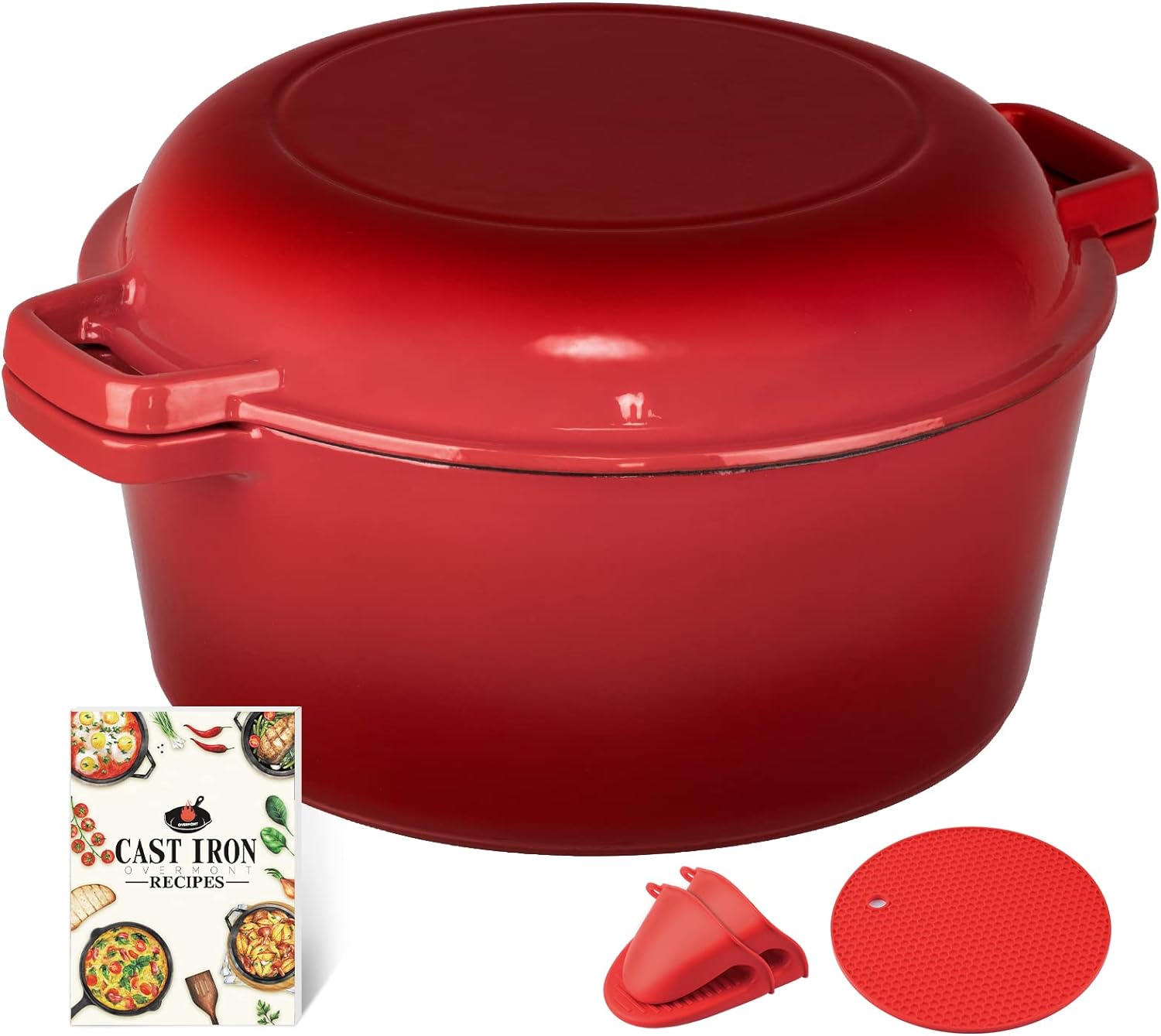 Overmont 2 in 1 Enameled Skillet Cast Iron, Special Oven with Dual Skillet Lid,...