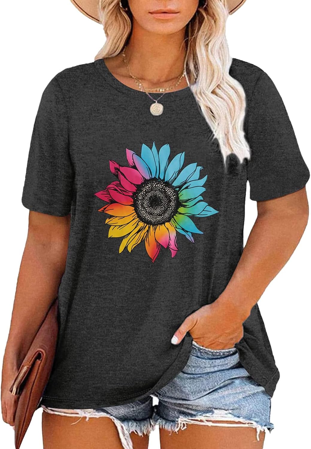 HDLTE Women Plus Size T Shirts Short Sleeve Casual Graphic Tee Tops Dark Grey 2X