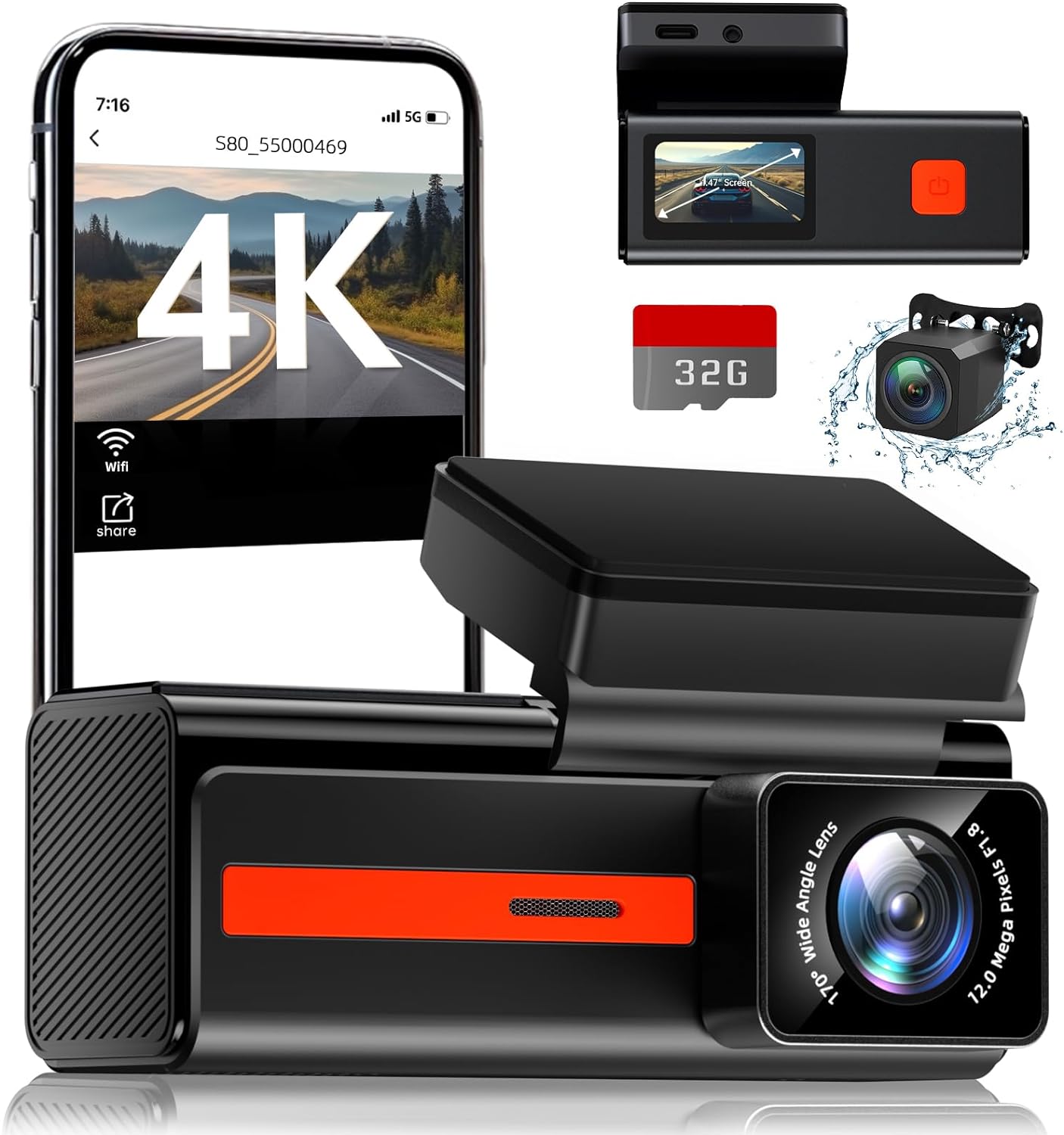 Dash Cam Front and Rear 4K & 1080P Car Camera Dash Cam with WiFi, Dual Dashcam w...