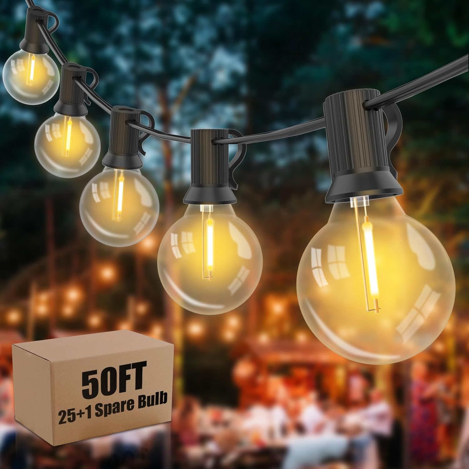 Yuusei LED Outdoor String Lights 50Ft, Mains Powered Festoon Lights with 25+1 Sh...