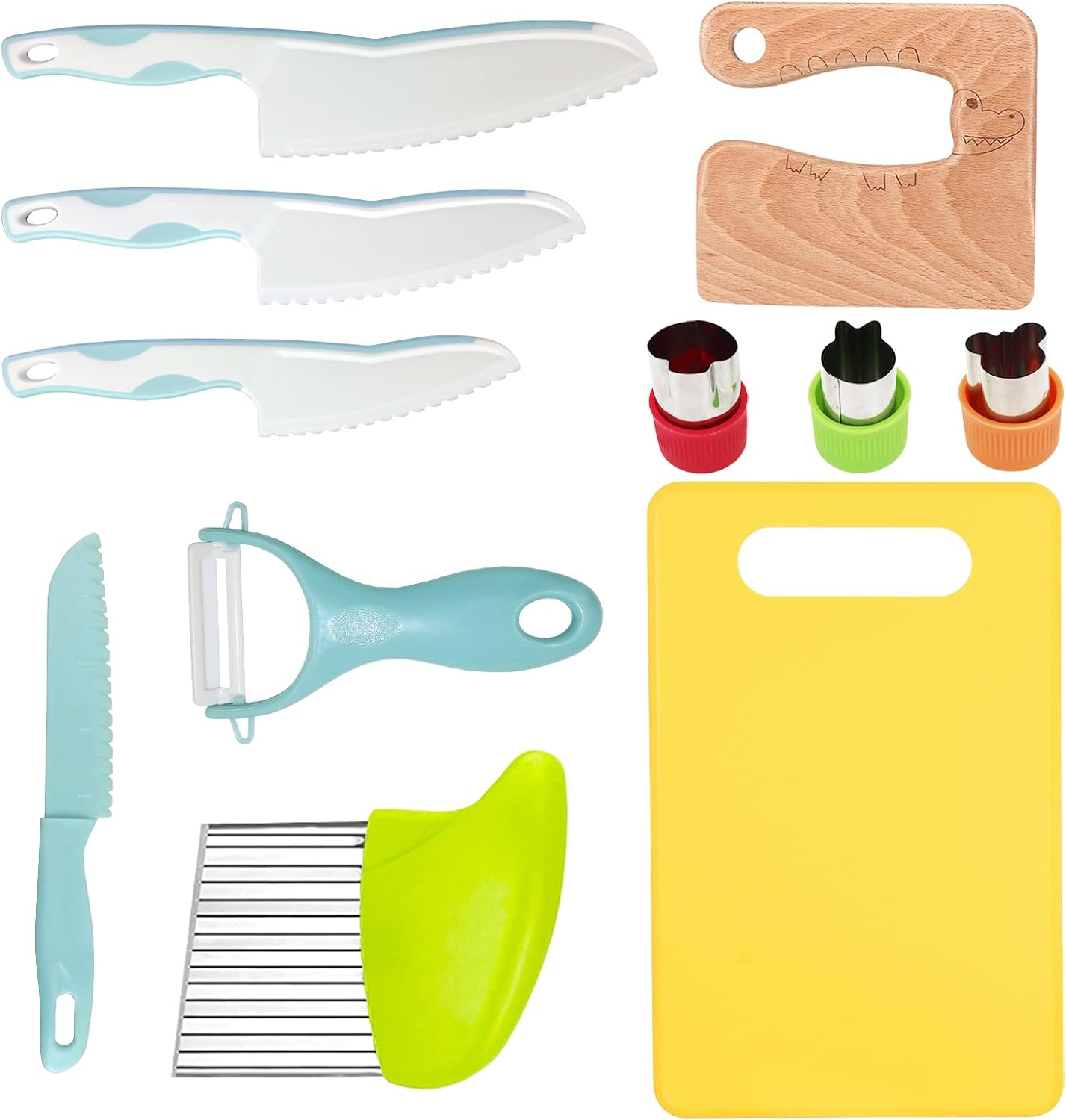 RISICULIS 11 Pieces Wooden Kids Kitchen Knife, Blue Kids Knife Set Include Wood...