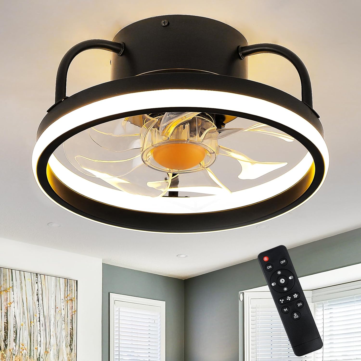 13''Flush Mount Ceiling Fans with Lights and Remote Control，Modern Enclosed Bla...