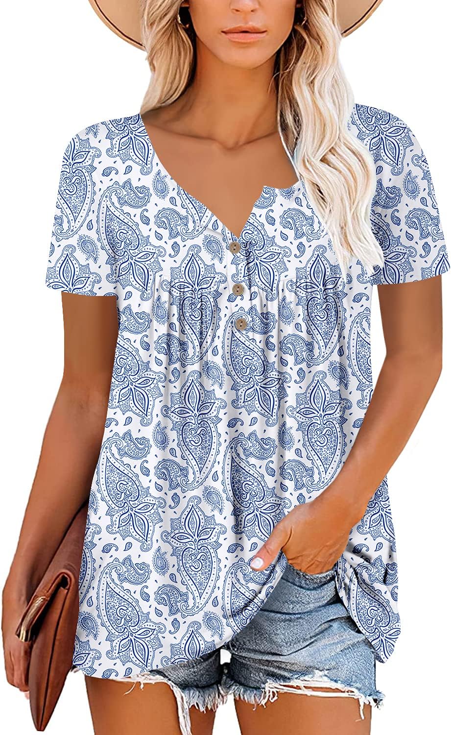 Mystry Zone Womens Henley V Neck Casual Blouse Button Down T Shirts Flare and Fl...