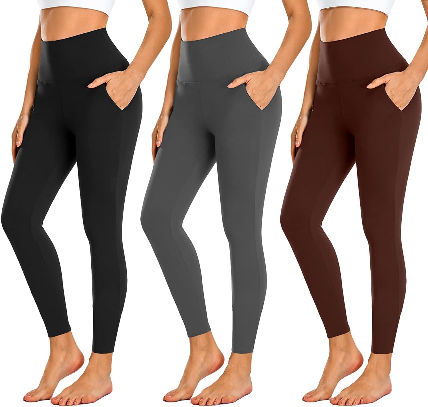 NEW YOUNG 3 Pack Leggings with Pockets for Women,High Waisted Tummy Control Work...