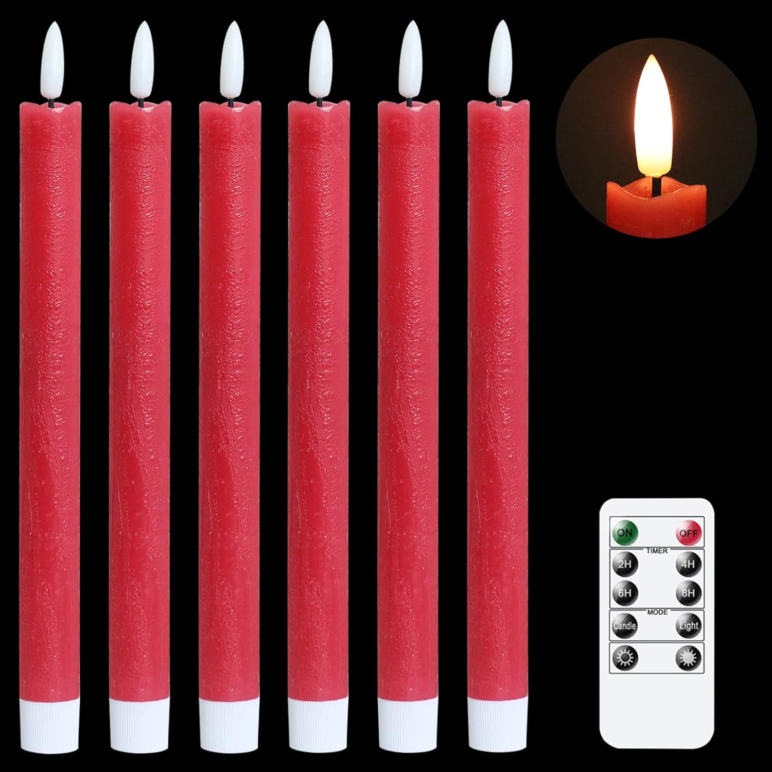 GenSwin Flameless Red Taper Candles Flickering with 10-Key Remote, Battery Opera...