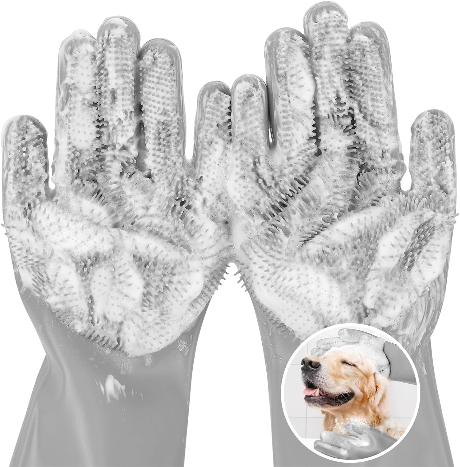 Pecute Pet Grooming Gloves, Large, Gray, Heat Resistant, High-Density Teeth, Sil...