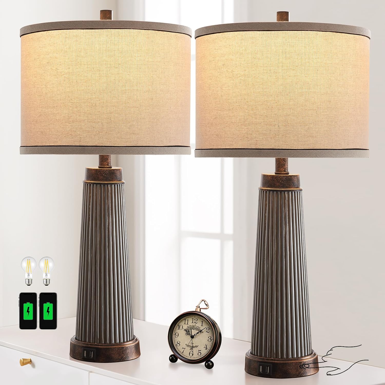 Set of 2 Farmhouse Table Lamps for Living Room, 3 Way Dimmable Touch Table Lamp...