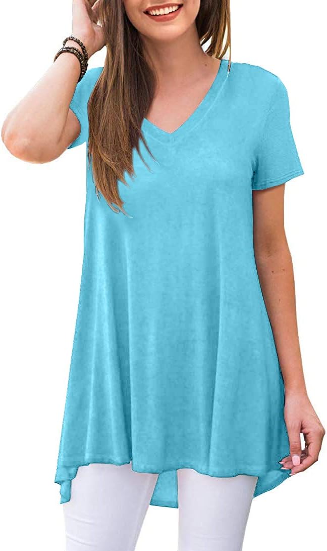 POPYOUNG Women's Summer Casual Short Sleeve Tunic Tops to Wear with Leggings V-N...