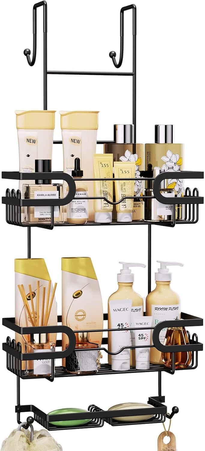 SWTYMIKI Shower Caddy Hanging - 3 Tier Over Door Shower Shelf With 16 Hooks and...
