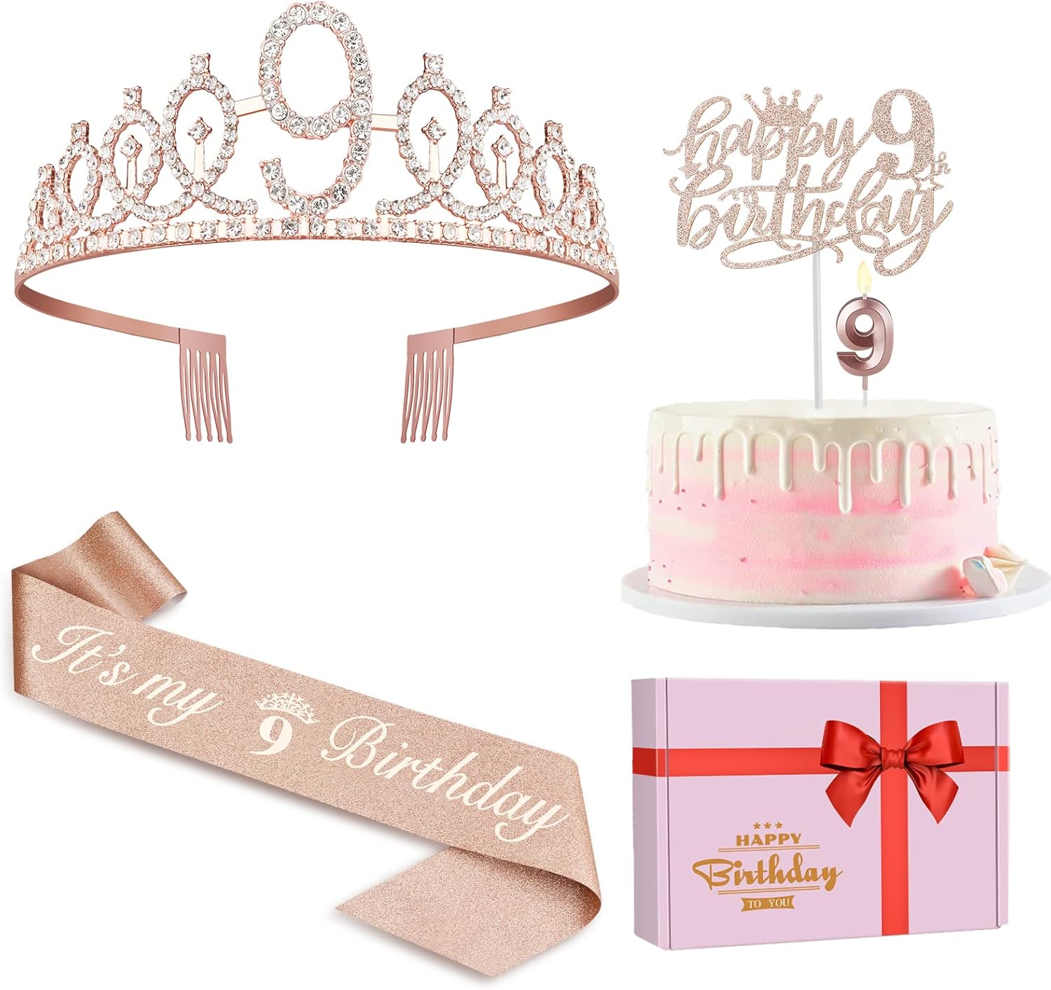 9th Birthday Decorations for Girl Including 9th Birthday Sash, Birthday Crown fo...