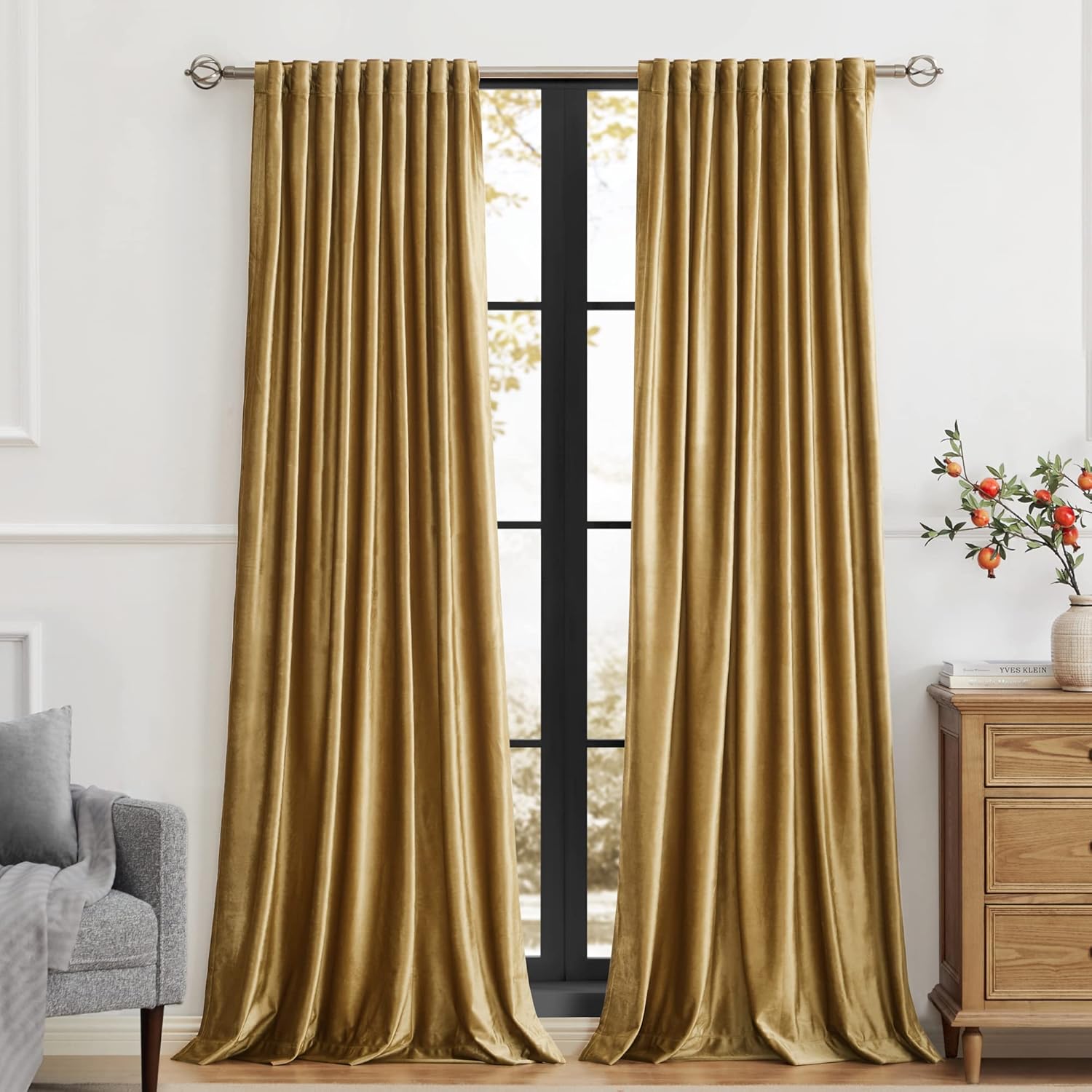 PRIMROSE Golden Velvet Curtains 84 inch Long for Living Room,Set of 2 Panels Bla...